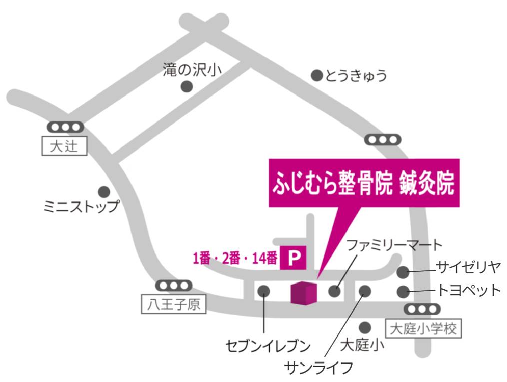 ふじむら整骨院 鍼灸院 周辺地図 - 大庭小学校・ファミリーマート・サイゼリヤ近く
