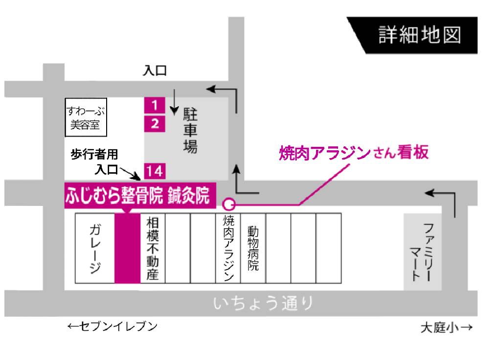 ふじむら整骨院 鍼灸院 駐車場詳細地図 - 1番・2番・14番